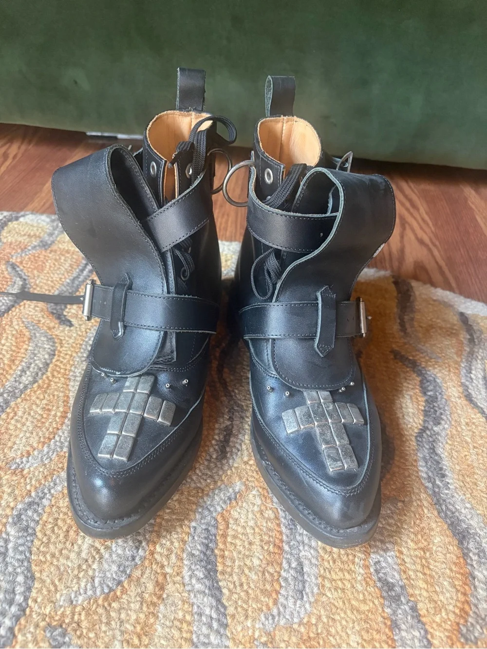 Black LeatherBuckle Lace-Up Boots by George cox